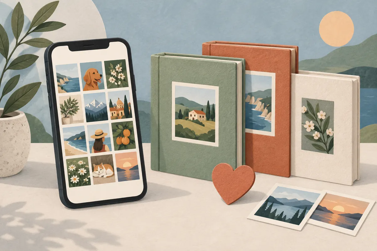 Ilustracja telefonu z miniaturami zdjęć, albumami i symbolem ulubionych.