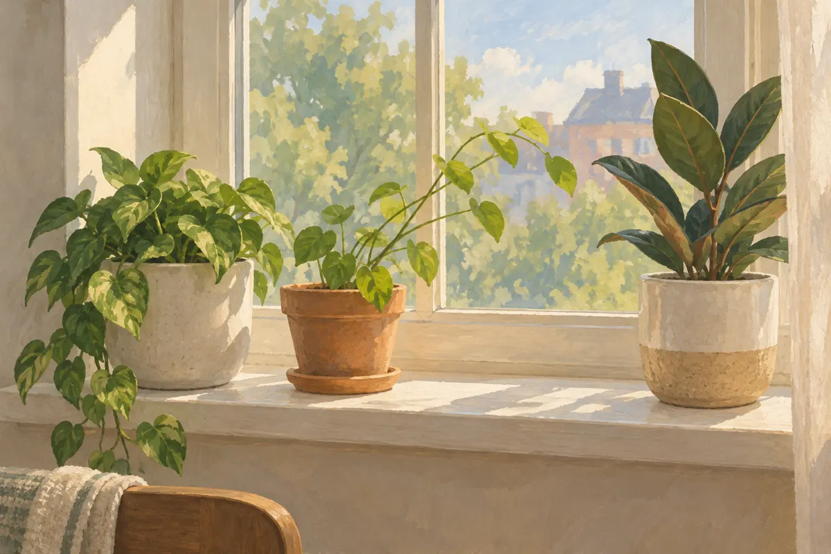 Ilustracja roślin doniczkowych na parapecie z pędami skierowanymi ku światłu z okna.